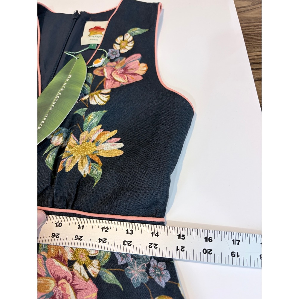 NWT Farm Rio Maira Floral Dark Blue Linen Midi Dress Sleeveless V-Neck - Picture 11 of 16